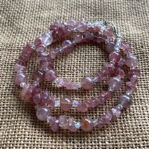 Strawberry quartz beads & chip quartz Crystal, spacers Necklace unique design